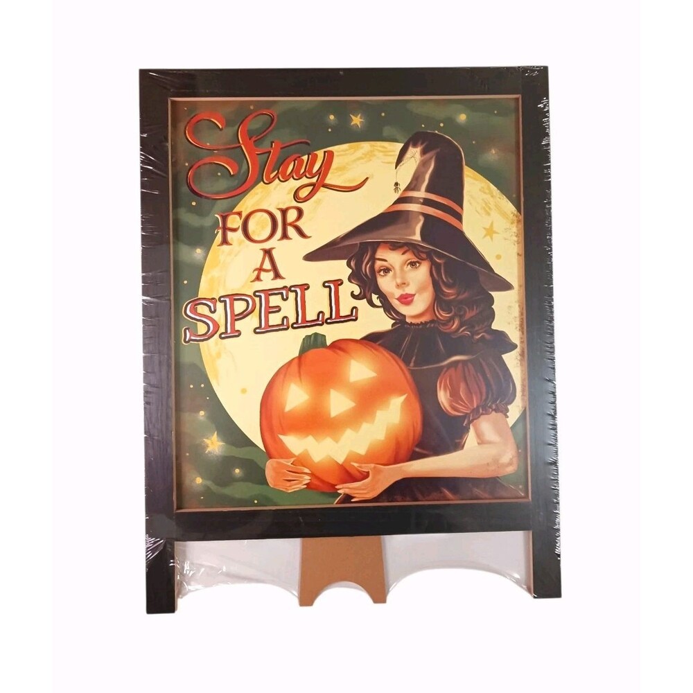 NEW Halloween Witch Stay For A Spell Retro Style Easel Board Sign Decor 20 x 15